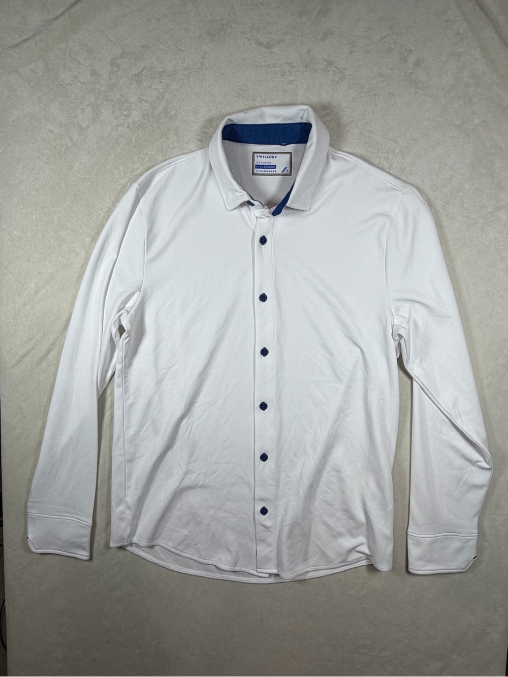 Twillory Large Men's Athleisure Stretch White Long-Sleeve Button-Down Shirt Navy
